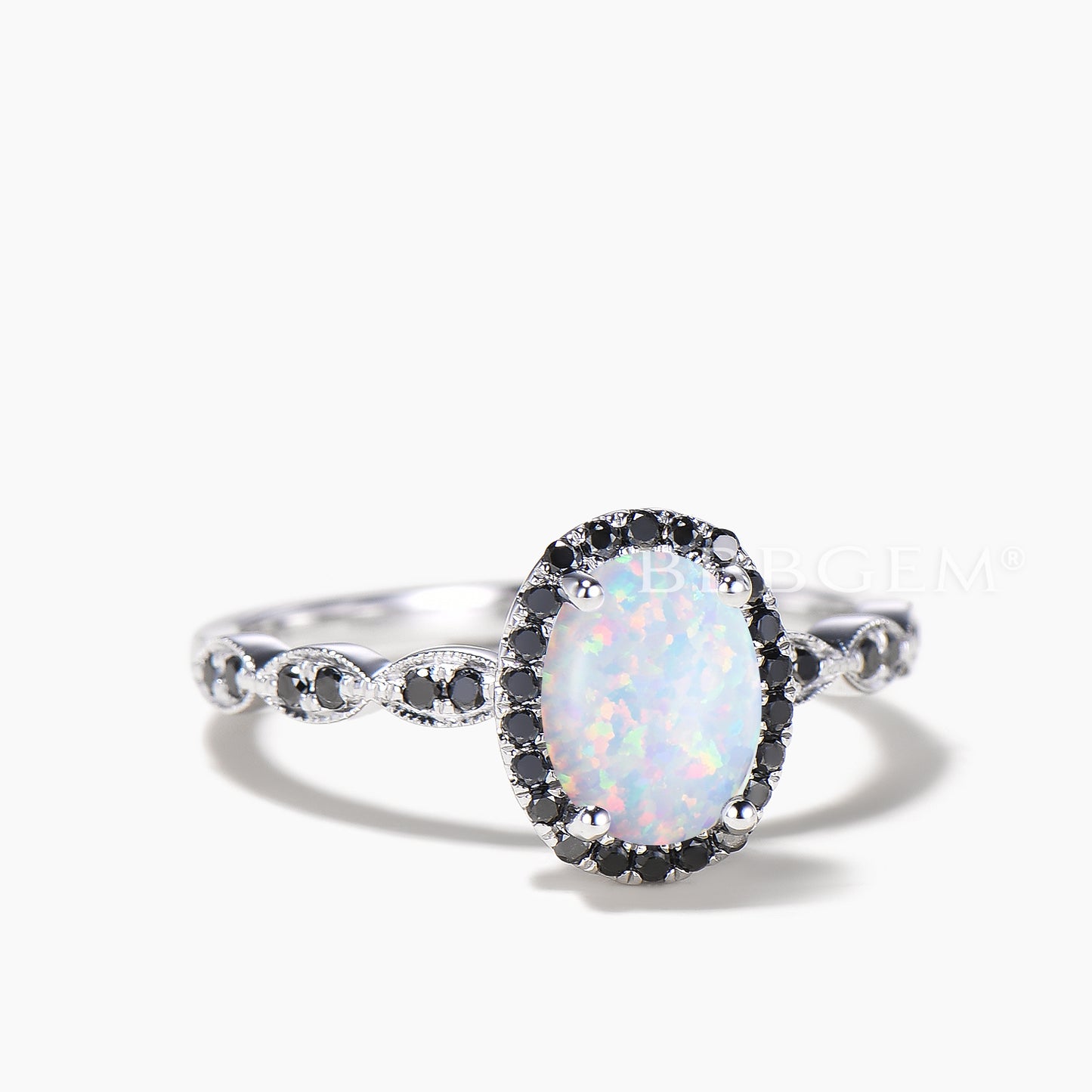 Unique Opal and Black Diamond Engagement Ring Rose Gold Art Deco Milgrain