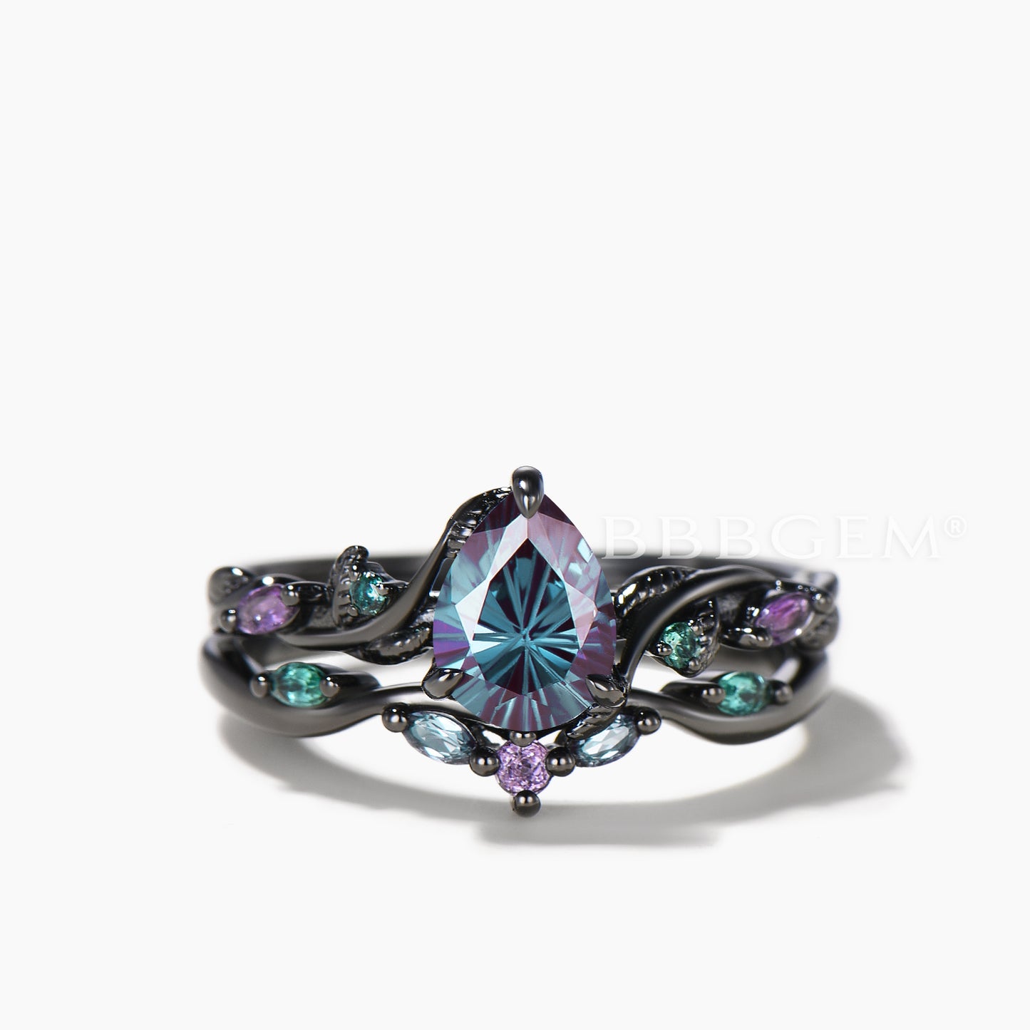 Black Gold Twig Inspired Ring Set Pear Cut Color-change Alexandrite Twisted Ring