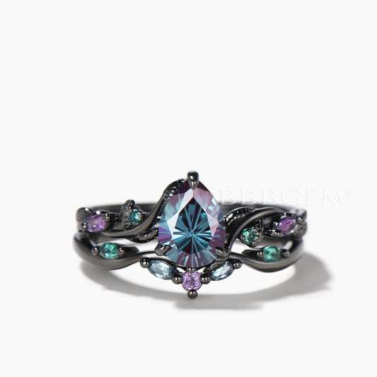 Black Gold Twig Inspired Ring Set Pear Cut Color-change Alexandrite Twisted Ring