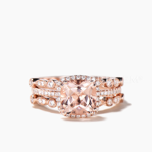 2.4 Carat Cushion Cut Peach Morganite Wedding Set Diamond Bridal Ring 14k Rose Gold Art Deco Half Eternity Band