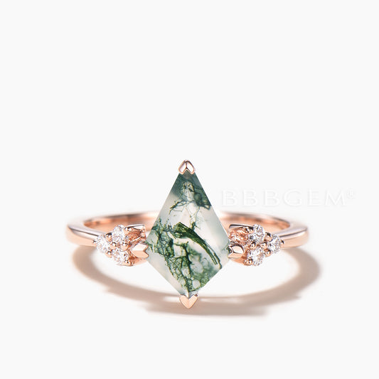 Vintage Kite Natural Dawn Moss Agate & Diamond Engagement Ring 14K White Gold