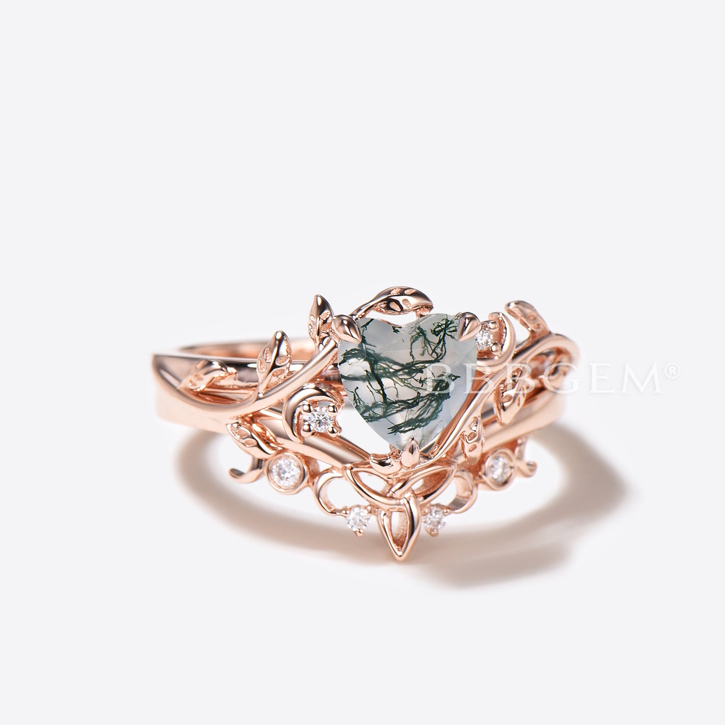 Heart Shaped Moss Agate Engagement Ring Set Moon Leaf Wedding Ring