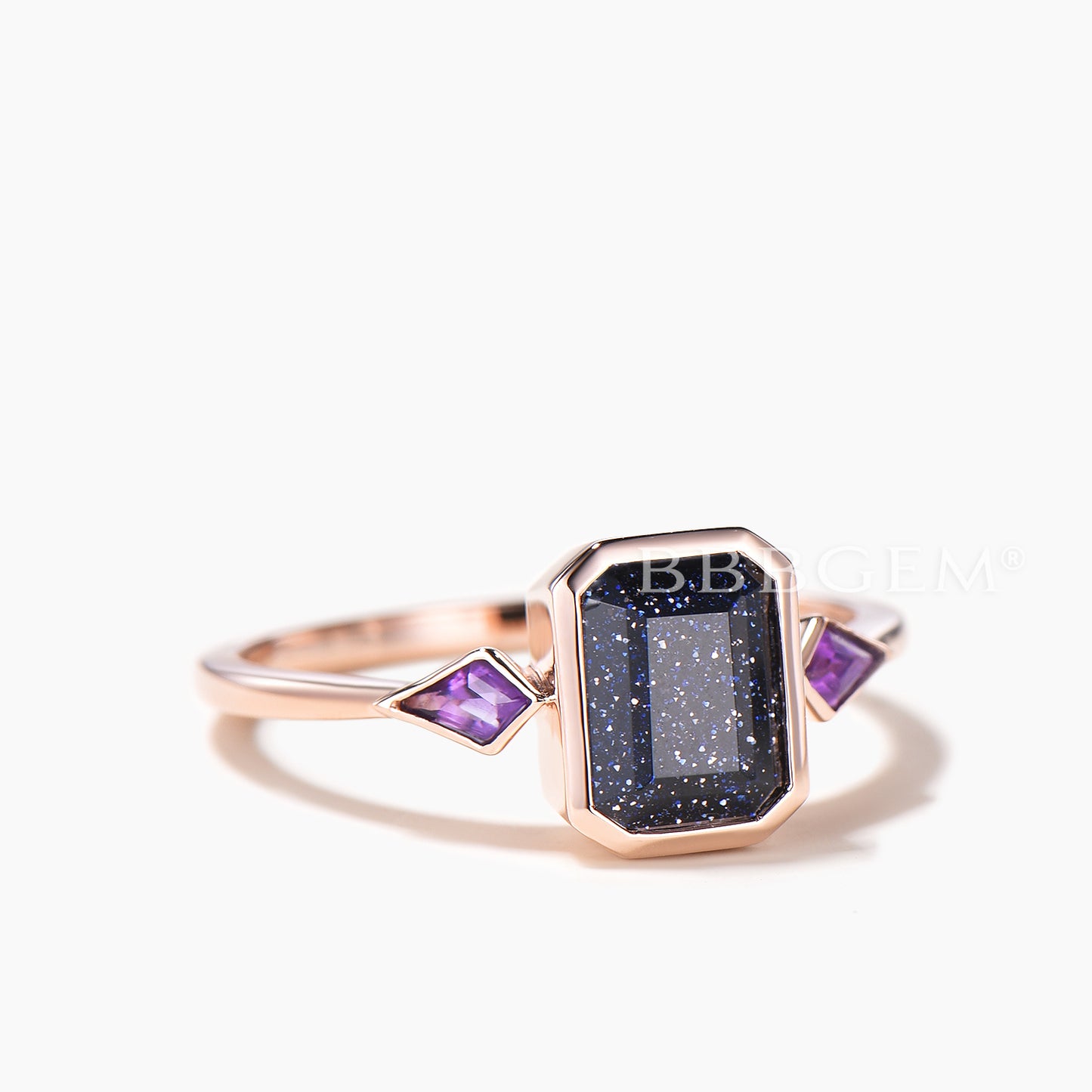 Emerald Cut Blue Sandstone Bezel Setting Engagement Ring Amethyst Three Stone Ring