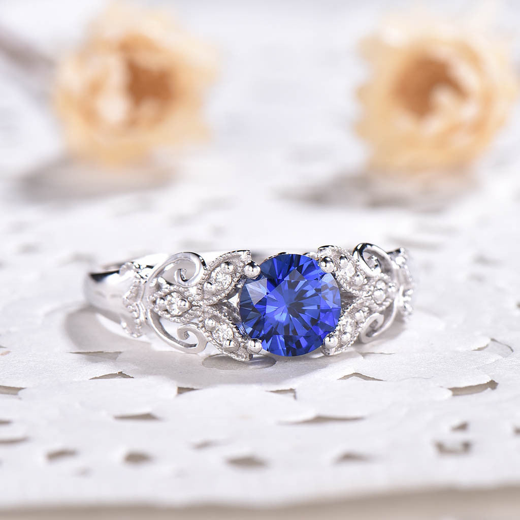 Sapphire Engagement Ring Vintage-BBBGEM Round Sapphire Ring