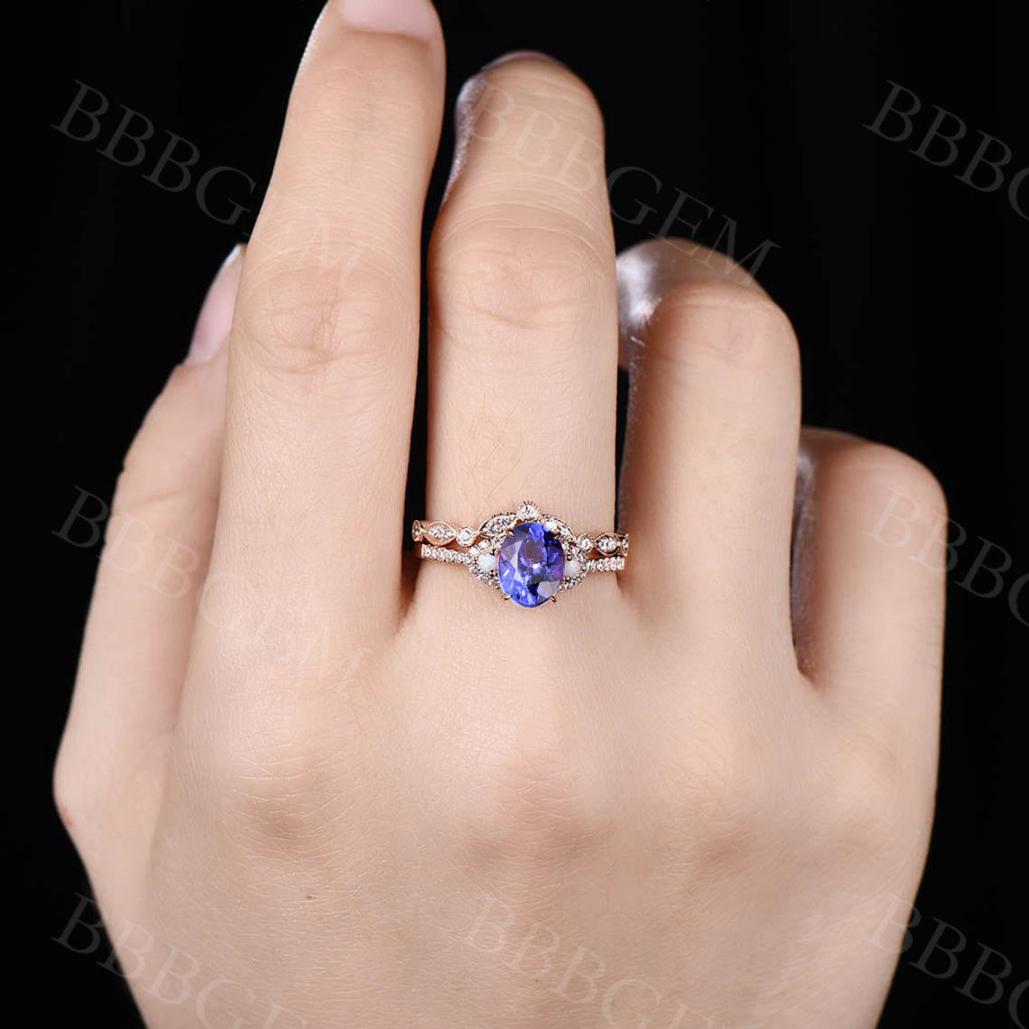 oval tanzanite wedding set-BBBGEM three stone tanzanite blue bridal ring set