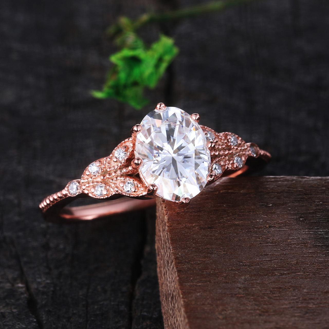 Oval Moissanite Engagement Ring 6x8mm Art Deco Rose Gold Wedding Ring