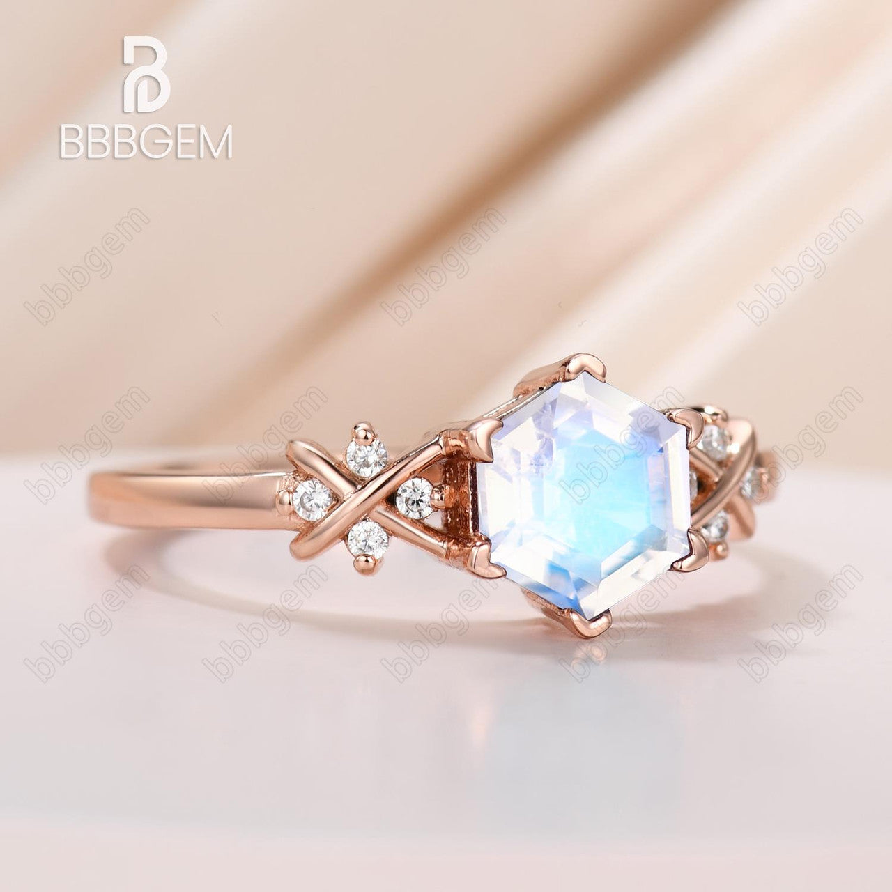 Rainbow Hexagon Moonstone Engagement Ring Art Deco Hexagon Set Moonstone Ring Rose Gold Solid