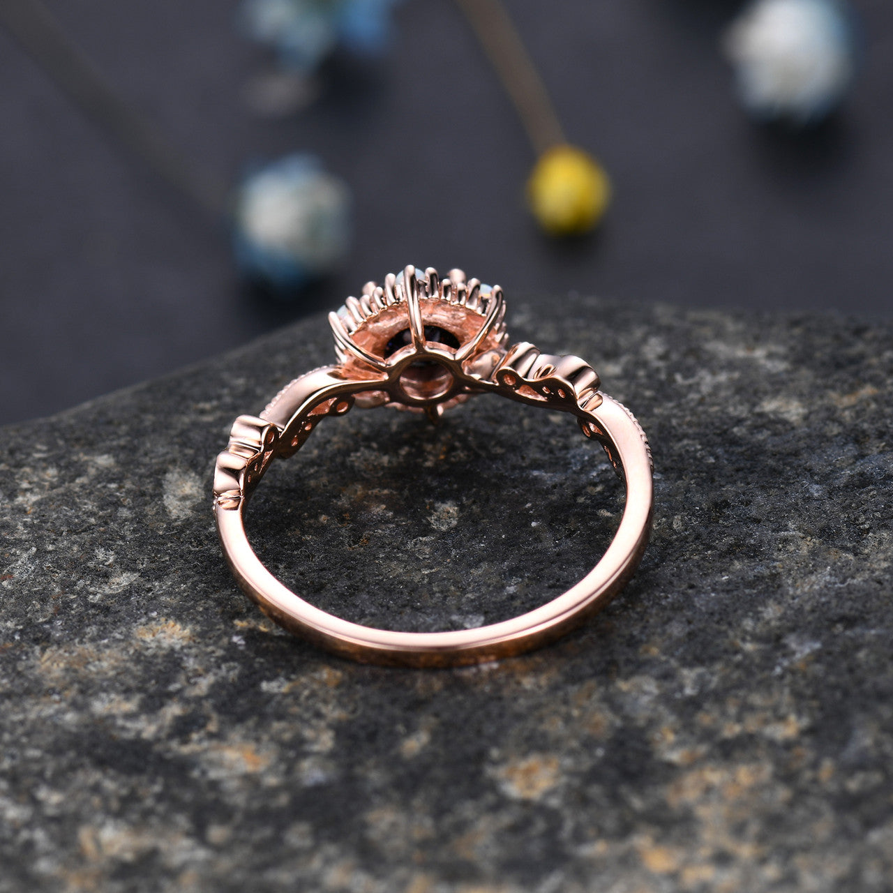 Rose Gold Blue Ssandstone Wedding Ring-BBBGEM Round Cut Blue Sandstone Ring