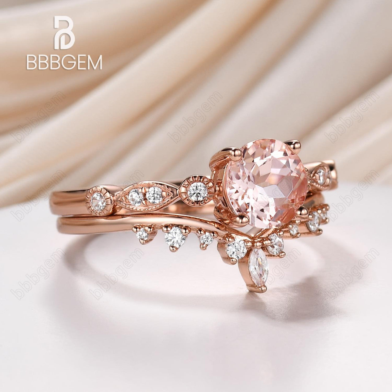 Natural Morganite Engagement Ring Set Art Deco Diamond Band 6.5mm Round Morganite Women Stacking Ring Unique Anniversary Bridal Ring