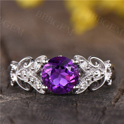 Round Amethyst Engagement Ring art deco wedding band,antique Amethyst floral ring white gold