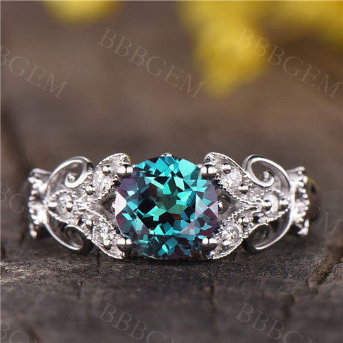 Vintage Floral Alexandrite Engagement Ring White Gold Diamond Wedding Ring Gift For Her