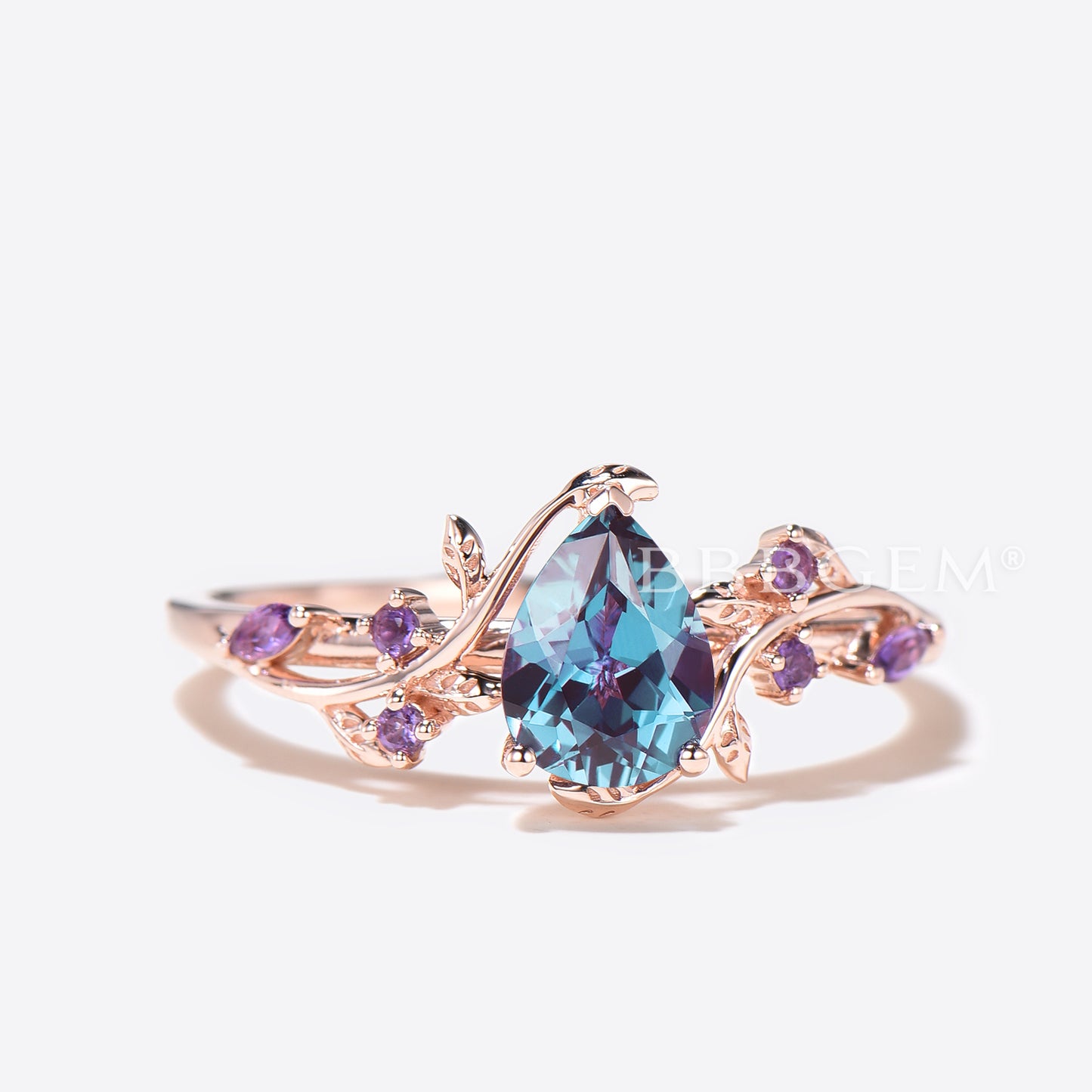 Twig Leaf Pear Color-Change Alexandrite Ring Nature Inspired Amethyst Ring