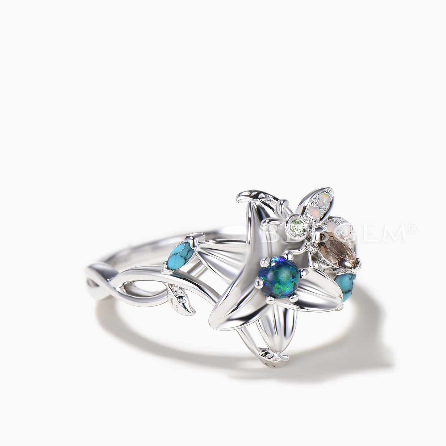 Round Cut Black Opal Floral Wedding Ring Quartz Turquoise Bee Twisted Ring