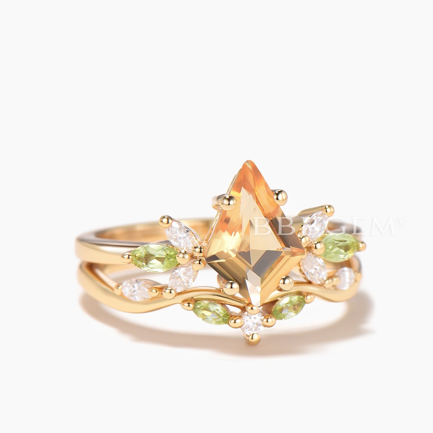 Kite Cut Natural Citrine Engagement Ring Peridot Diamond Curved Band Ring Set