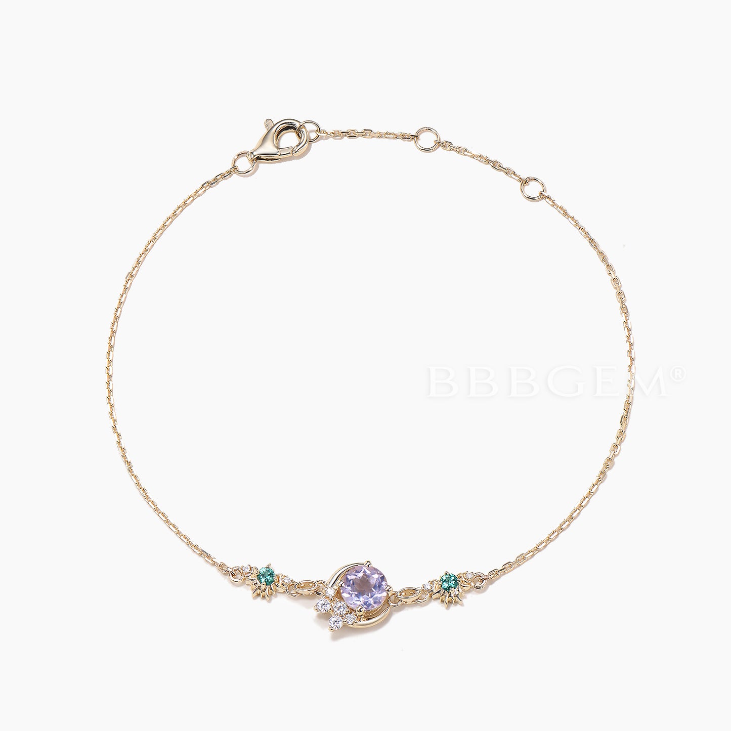 Round Cut Natural Lavender Amethyst Moon Bracelet Emerald Sun Wedding Bracelet