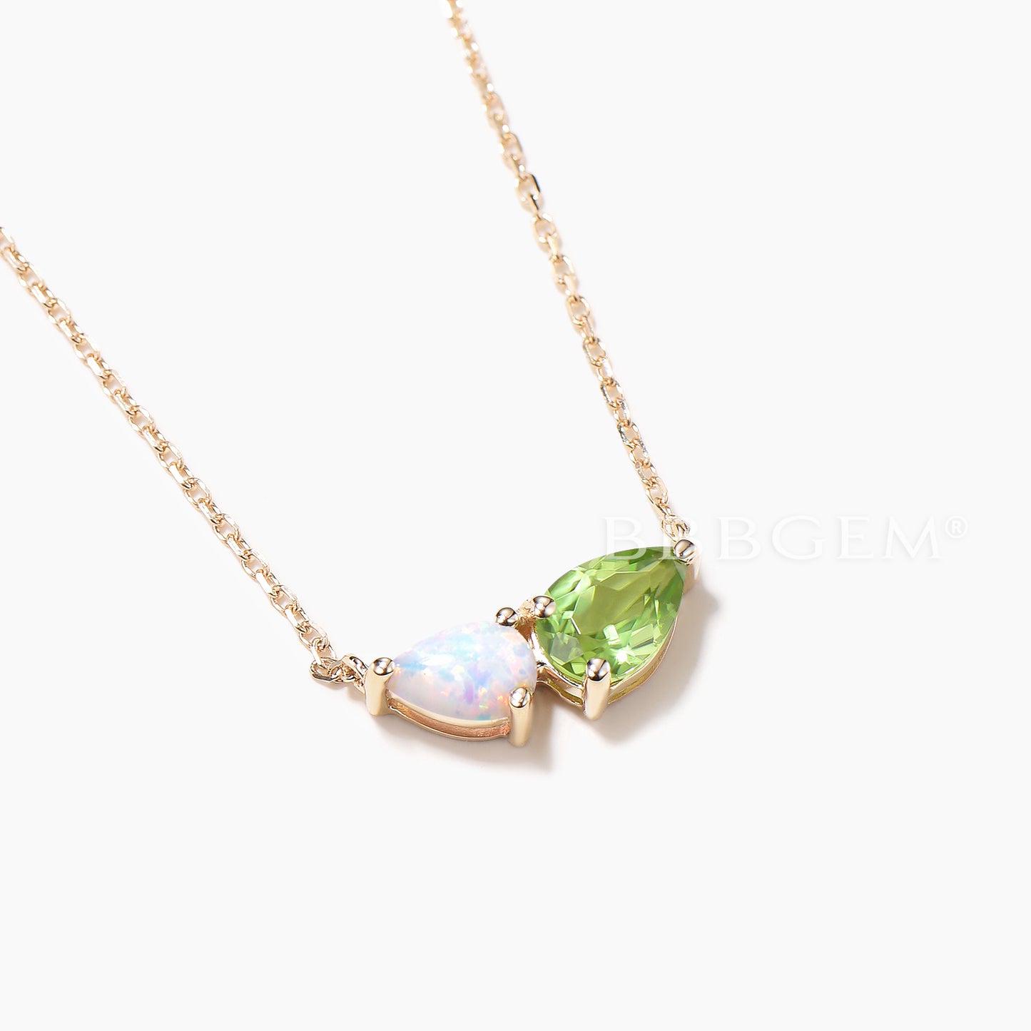 Teardrop Cut Peridot Opal Necklace Toi et Moi Yellow Gold Wedding Pendant