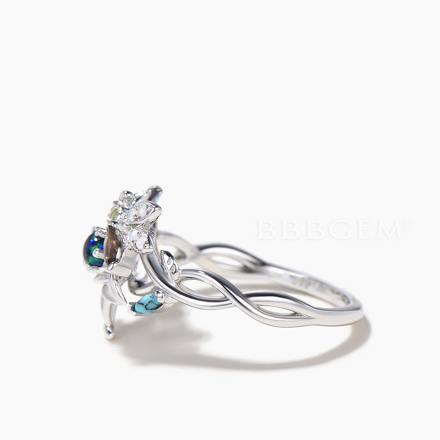 Round Cut Black Opal Floral Wedding Ring Quartz Turquoise Bee Twisted Ring