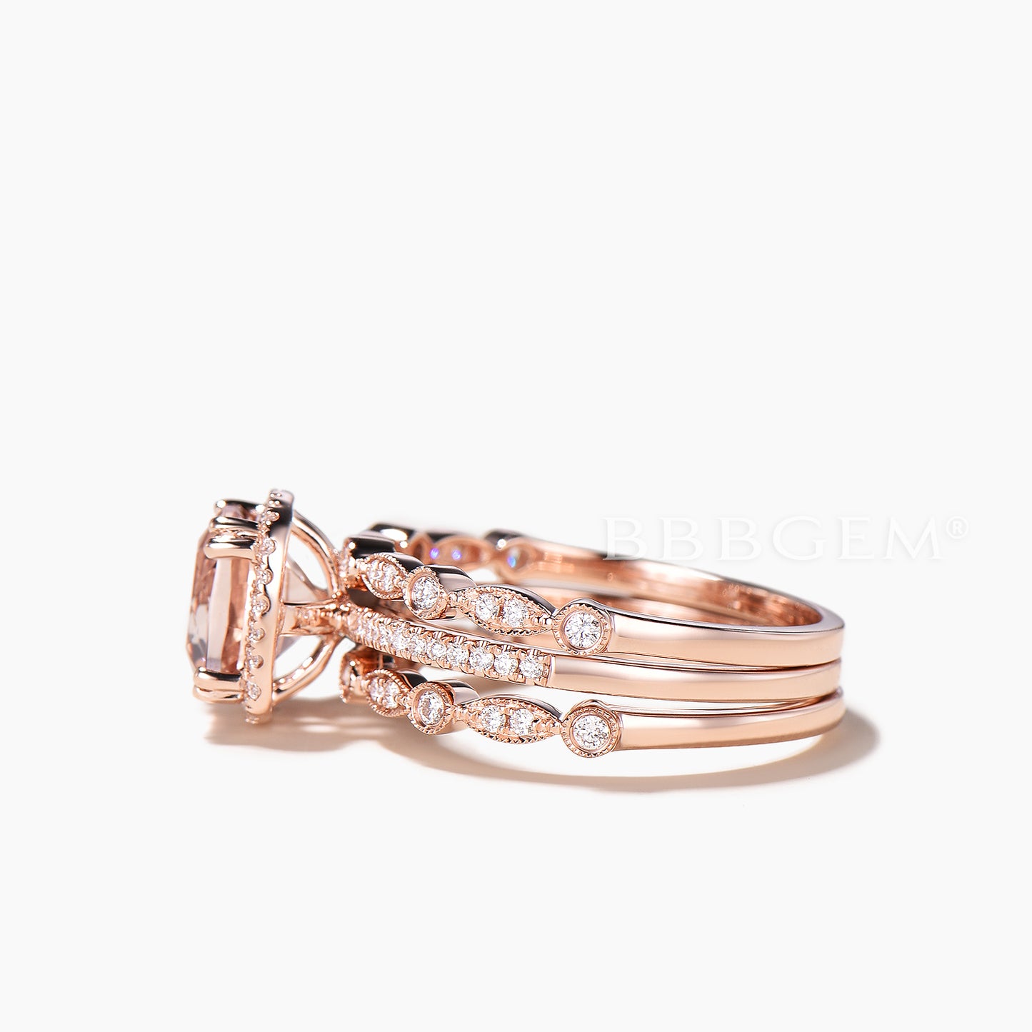 2.4 Carat Cushion Cut Peach Morganite Wedding Set Diamond Bridal Ring 14k Rose Gold Art Deco Half Eternity Band