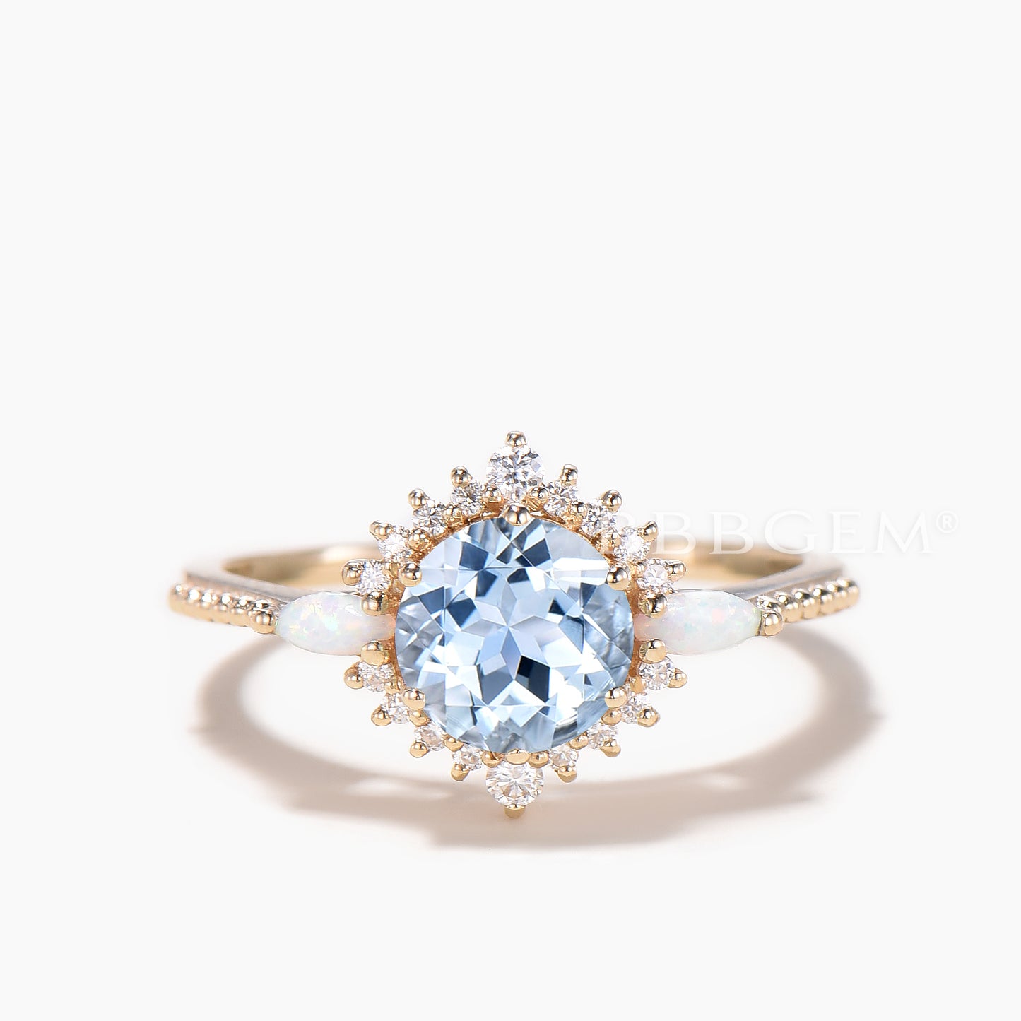 Round Cut Natural Aquamarine Wedding Ring Diamond Halo Opal Accent Ring