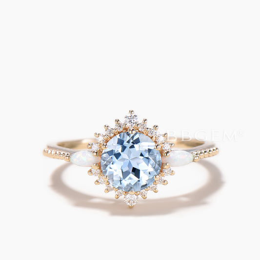 Round Cut Natural Aquamarine Wedding Ring Diamond Halo Opal Accent Ring