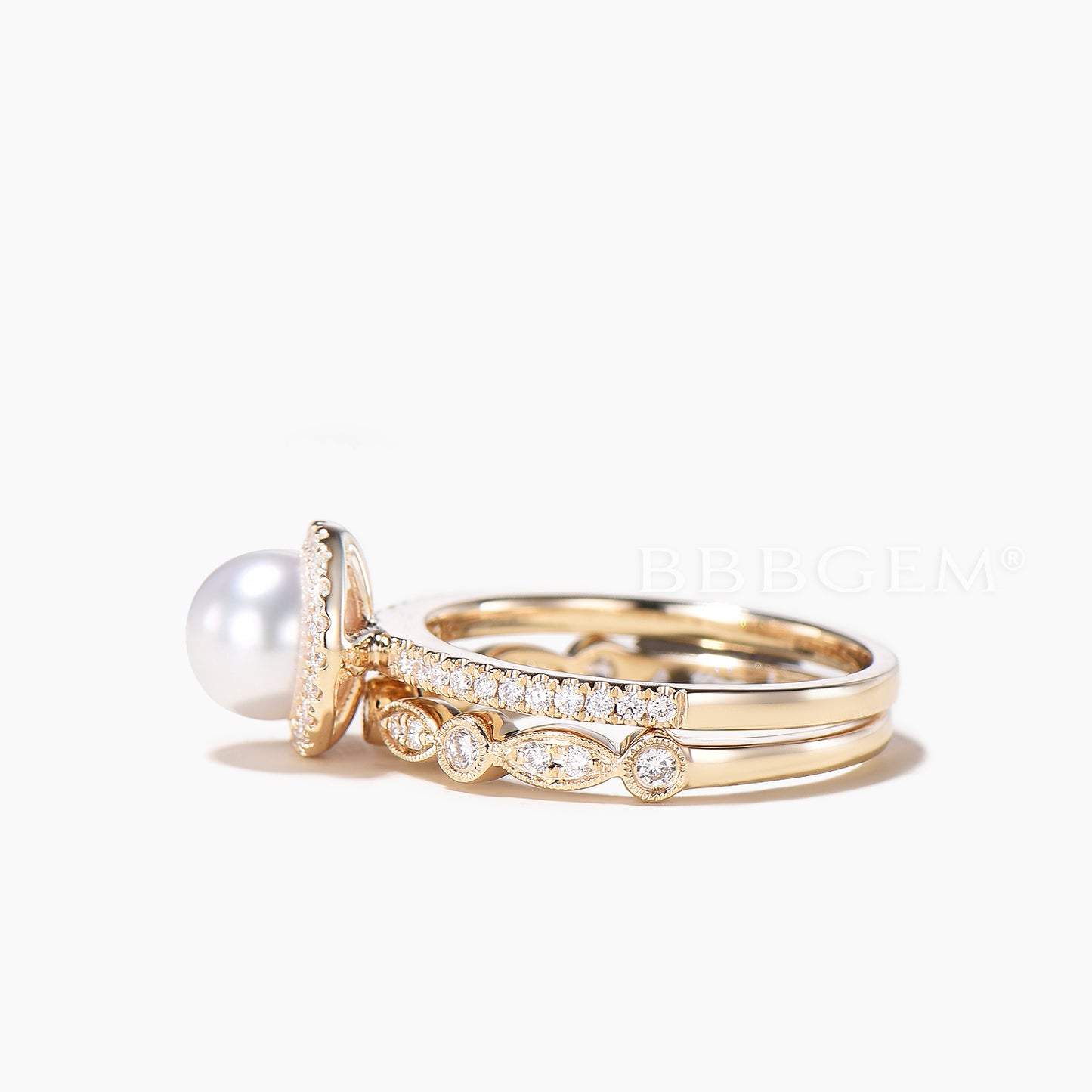 Akoya Pearl Engagement Ring Rose Gold Art Deco Wedding Band Women Antique Bridal Sets Wedding Anniversary Promise Halo Diamond Eternity 2pcs
