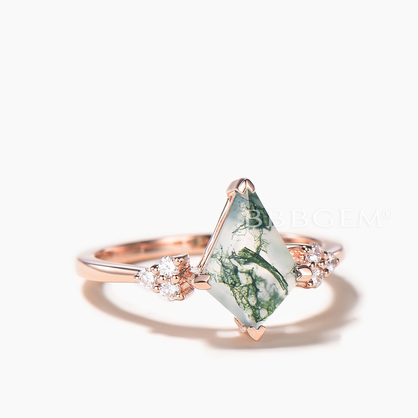 Vintage Kite Natural Dawn Moss Agate & Diamond Engagement Ring 14K White Gold