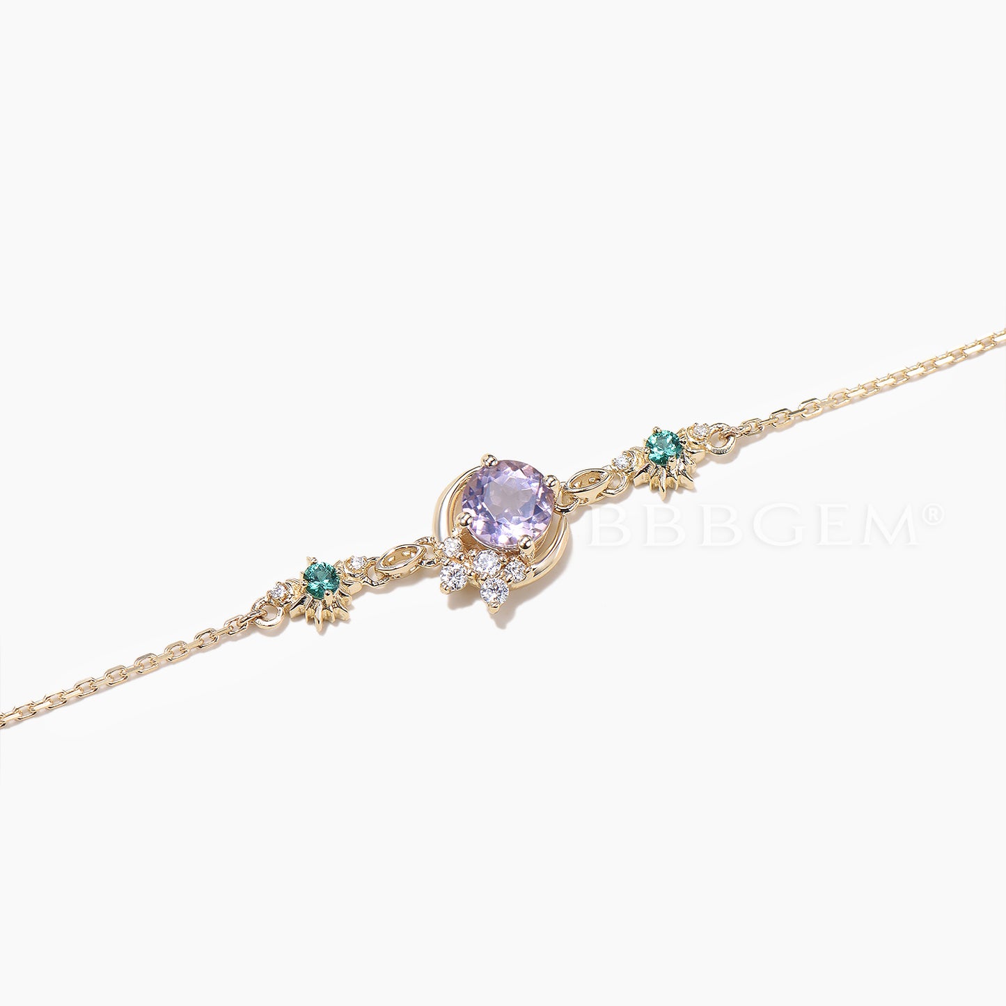 Round Cut Natural Lavender Amethyst Moon Bracelet Emerald Sun Wedding Bracelet