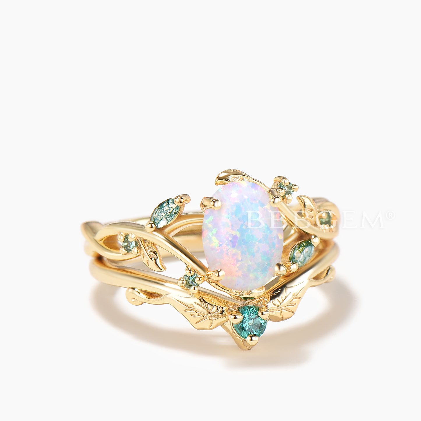 Oval Cut Opal Moss Agate Accent Wedding Ring Emerald Leaf Nature Inpired Ring Set