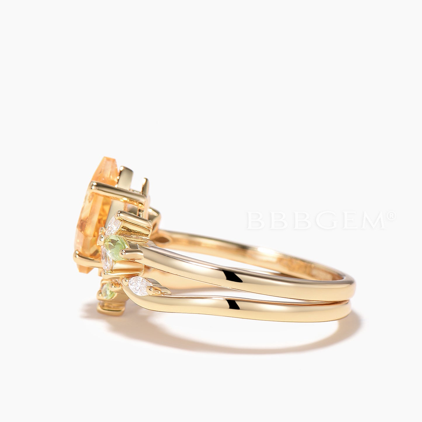 Kite Cut Natural Citrine Engagement Ring Peridot Diamond Curved Band Ring Set