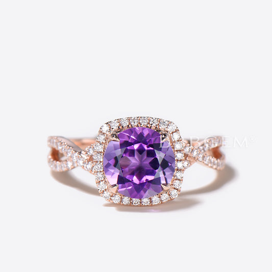 Twisted Round Cut Natural Amethyst Engagement Ring Split Shank Diamond Halo Wedding Ring