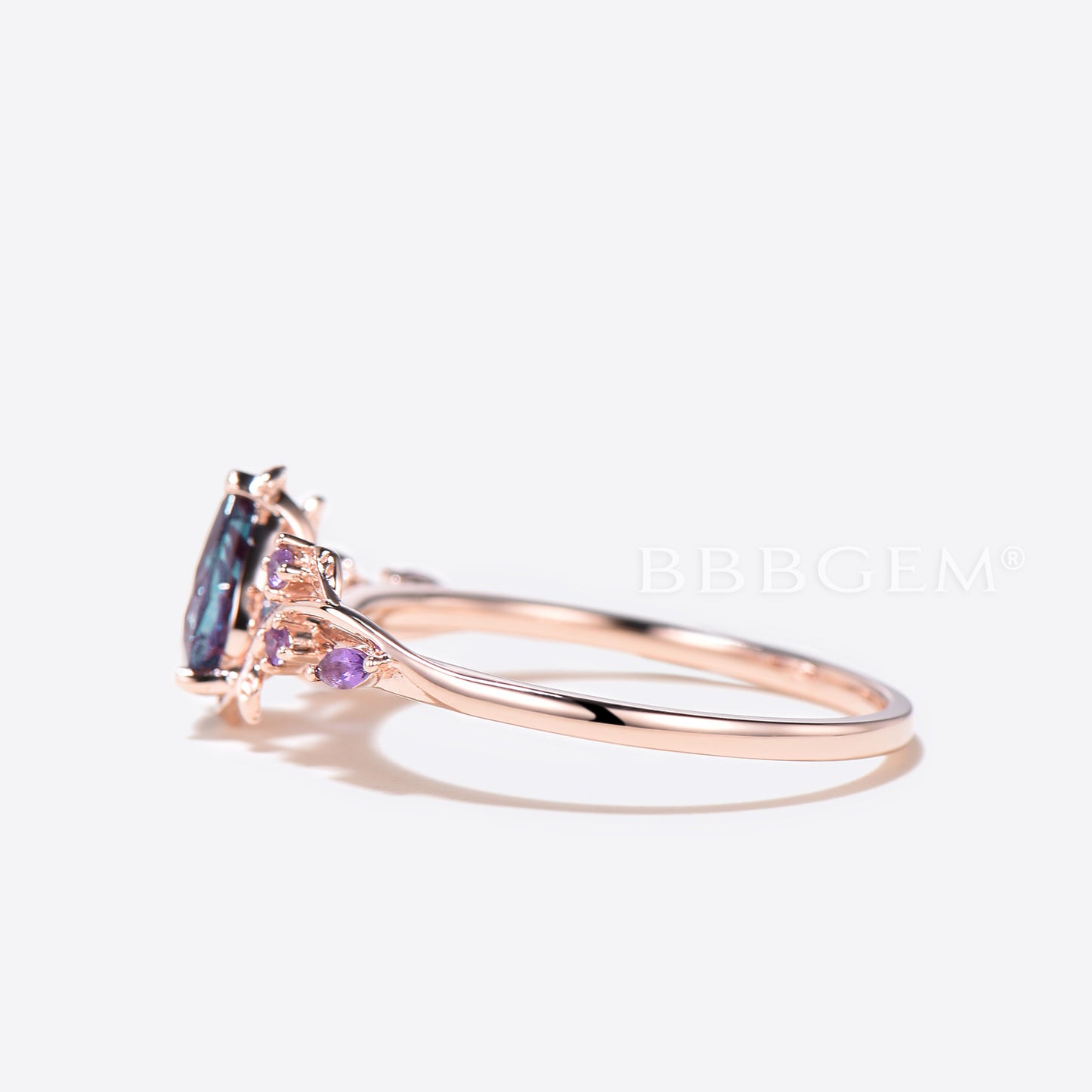 Twig Leaf Pear Color-Change Alexandrite Ring Nature Inspired Amethyst Ring