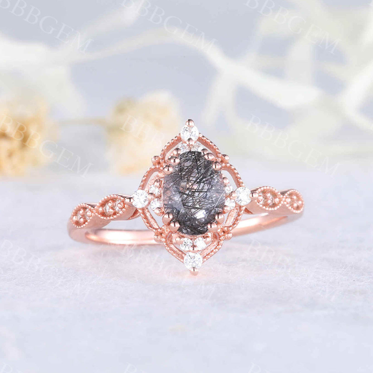 Black Rutilated Quartz diamond ring