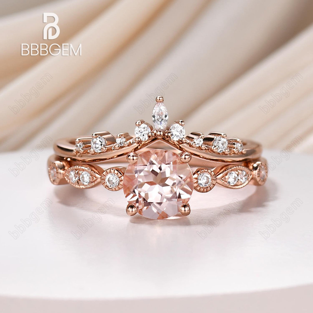 Natural Morganite Engagement Ring Set Art Deco Diamond Band 6.5mm Round Morganite Women Stacking Ring Unique Anniversary Bridal Ring