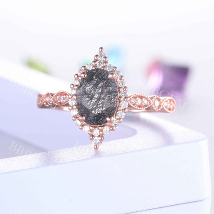 Black Rutilated Quartz Engagement Ring Rose Gold