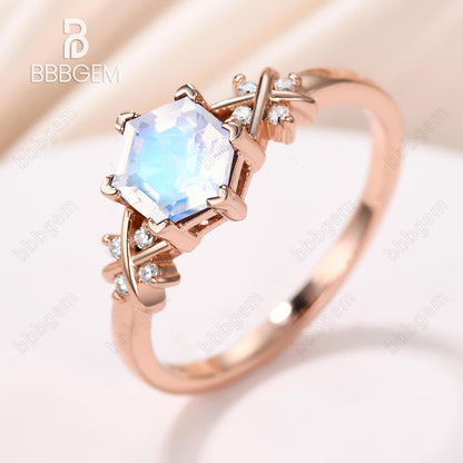 Rainbow Hexagon Moonstone Engagement Ring Art Deco Hexagon Set Moonstone Ring Rose Gold Solid