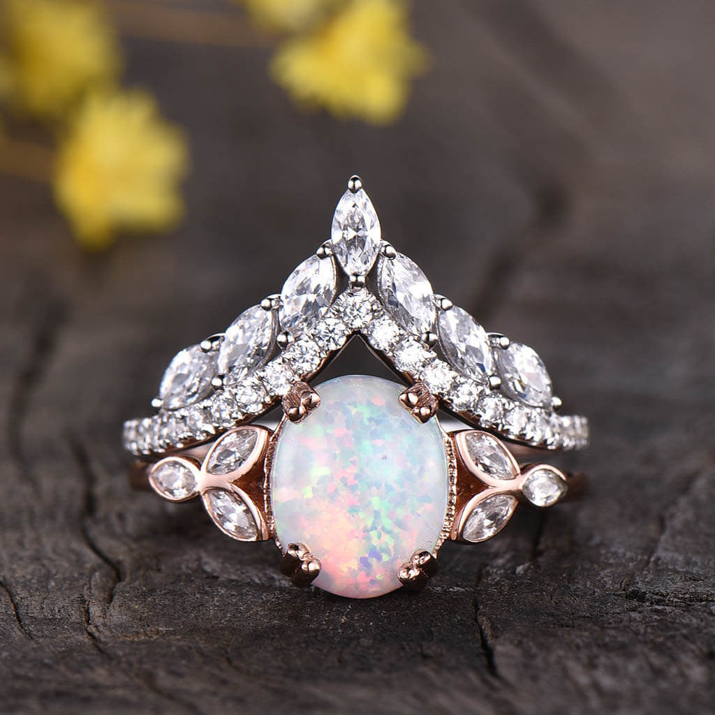 Opal And Moissanite Wedding Set-bbbgem oval opal engagement rings rose gold