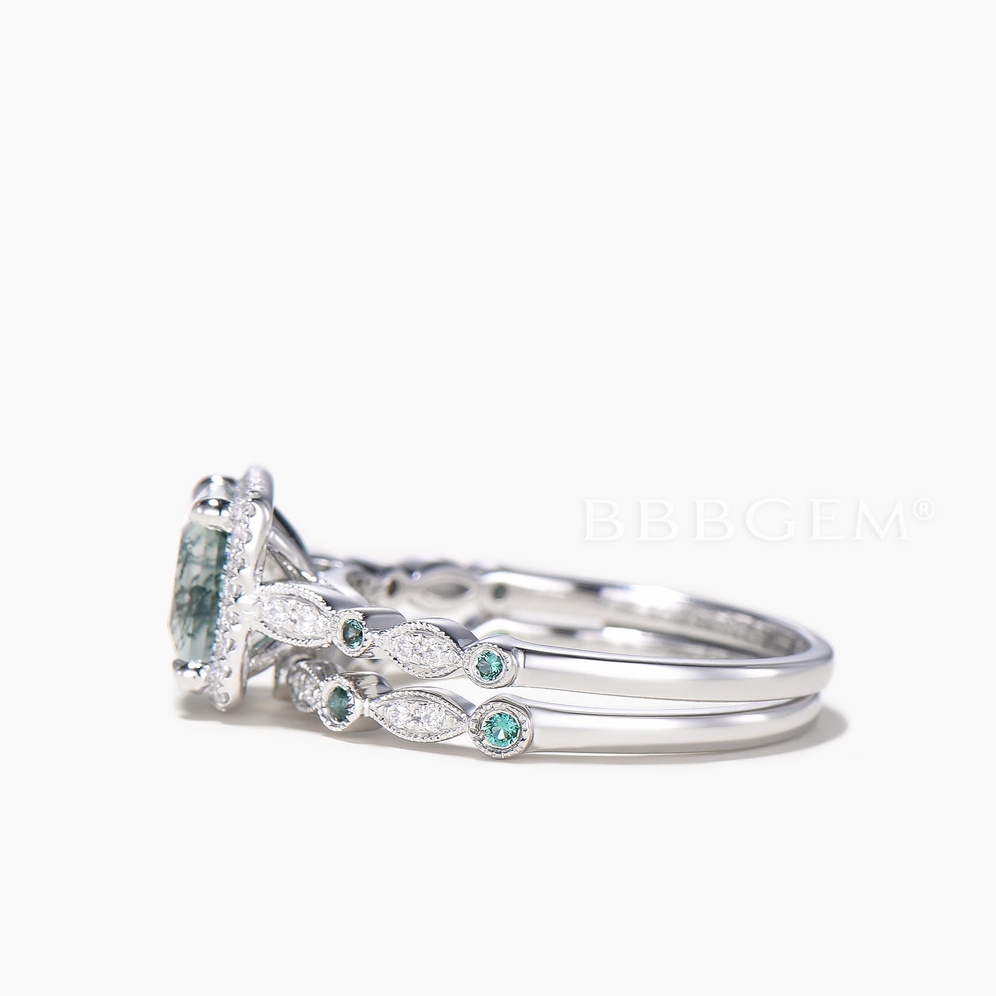 Princess Cut Natural Moss Agate Diamond Halo Ring Emerald Band Bridal Set