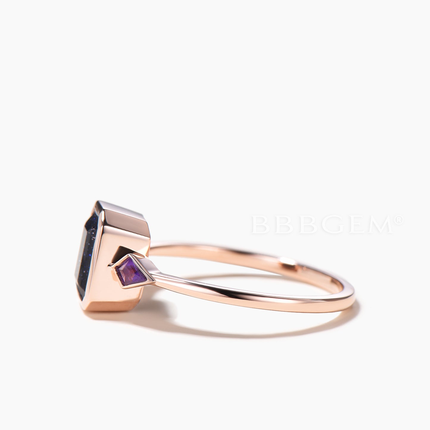 Emerald Cut Blue Sandstone Bezel Setting Engagement Ring Amethyst Three Stone Ring