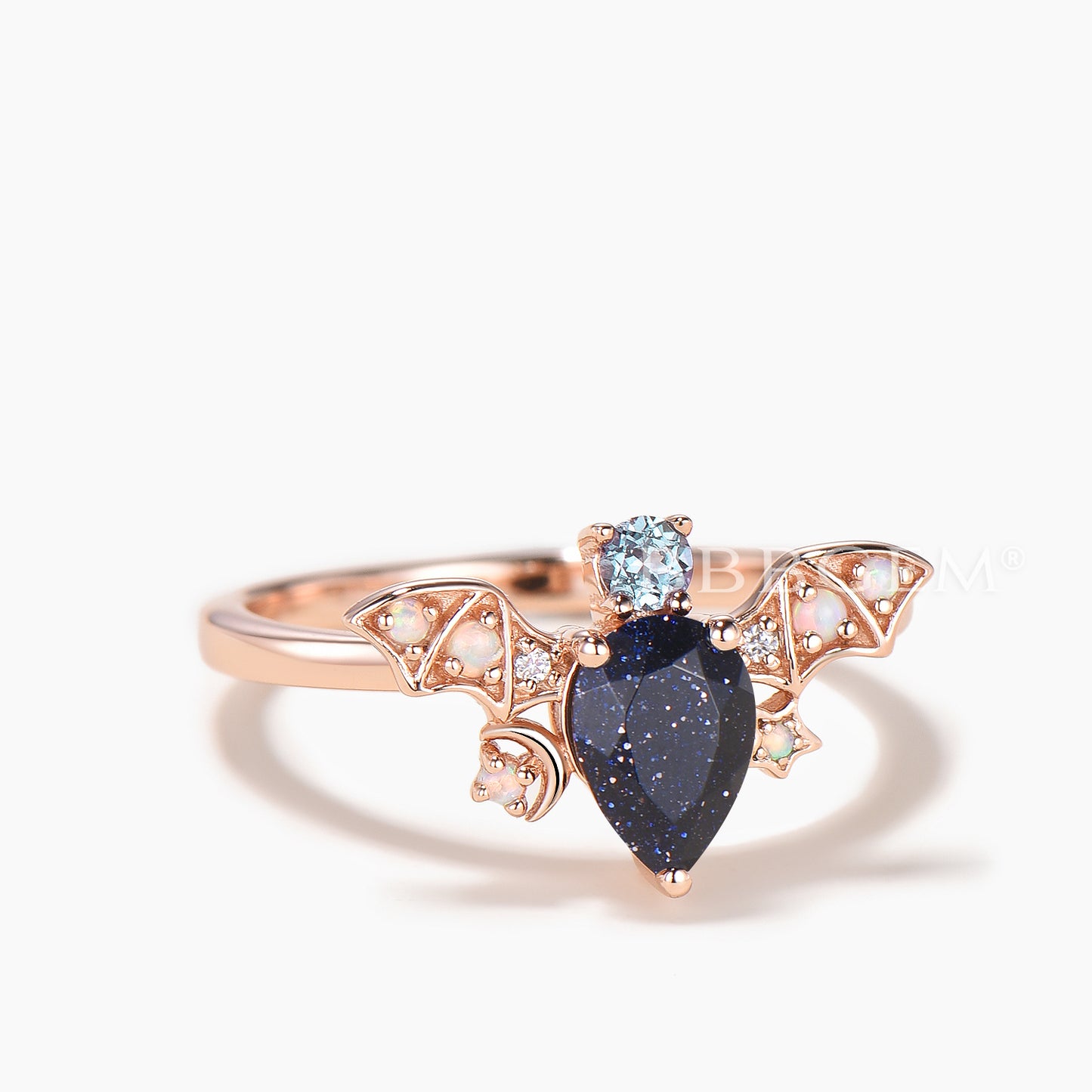 Pear Cut Blue Sandstone Bat Engagment Ring Alexandrite Opal Accent Ring