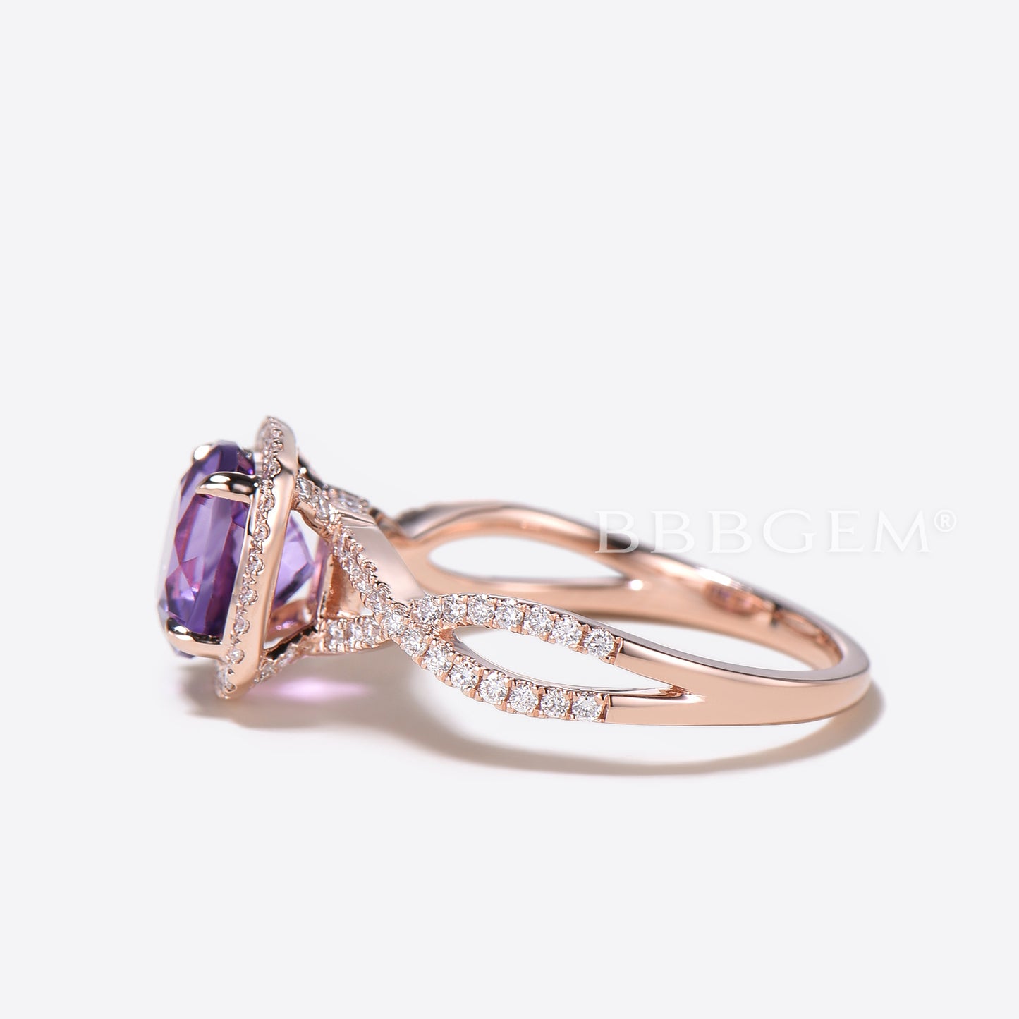 Twisted Round Cut Natural Amethyst Engagement Ring Split Shank Diamond Halo Wedding Ring