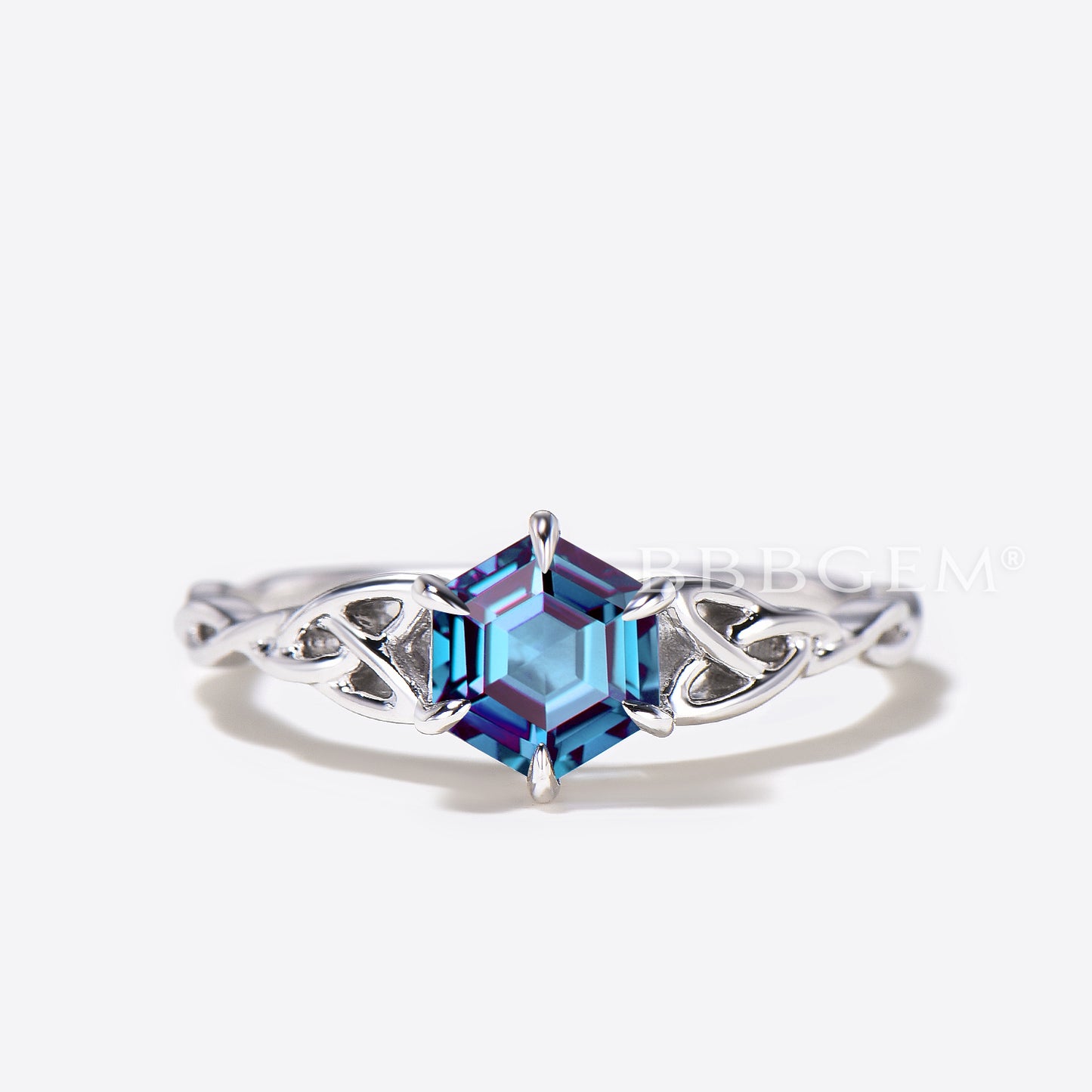 Hexagon Cut Color-change Alexandrite Engagement Ring Celtic Knot Solitaire Ring