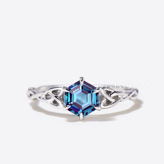 Hexagon Cut Color-change Alexandrite Engagement Ring Celtic Knot Solitaire Ring