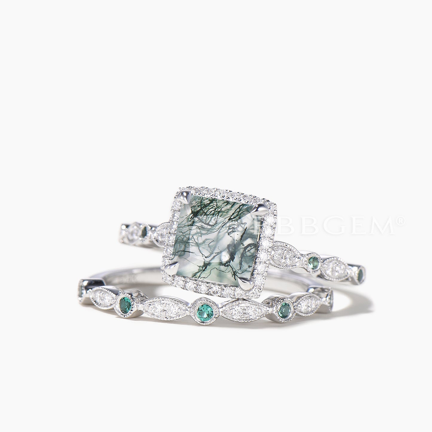 Princess Cut Natural Moss Agate Diamond Halo Ring Emerald Band Bridal Set