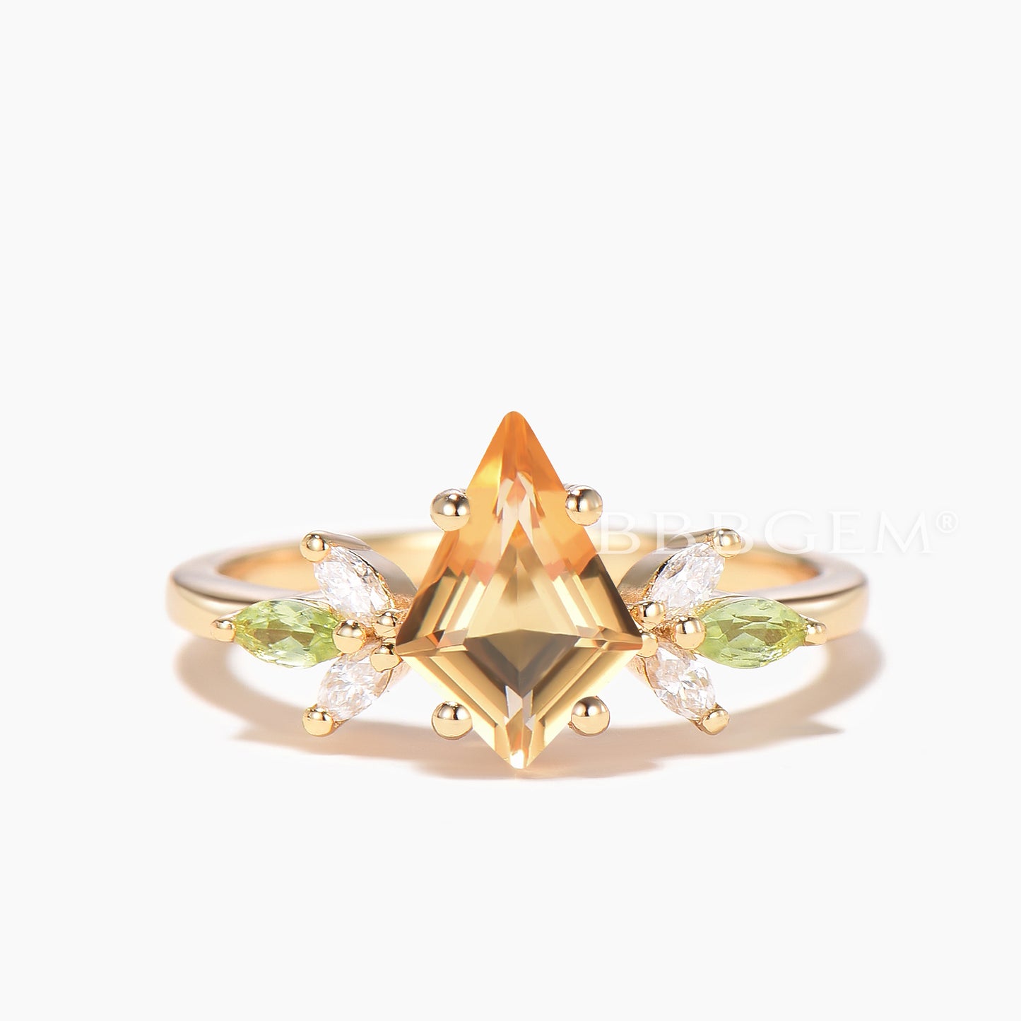 Kite Cut Natural Citrine Engagement Ring Peridot Diamond Curved Band Ring Set