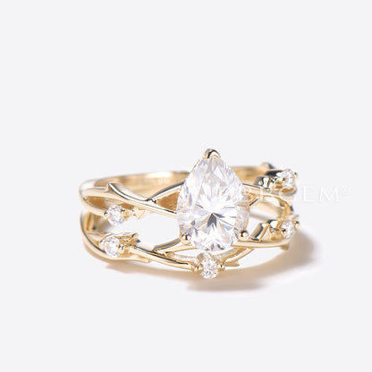 Twig Vine Pear Cut Moissanite Ring Set 1.25CT Solitaire Twisted Engagement Ring for Women in Gold