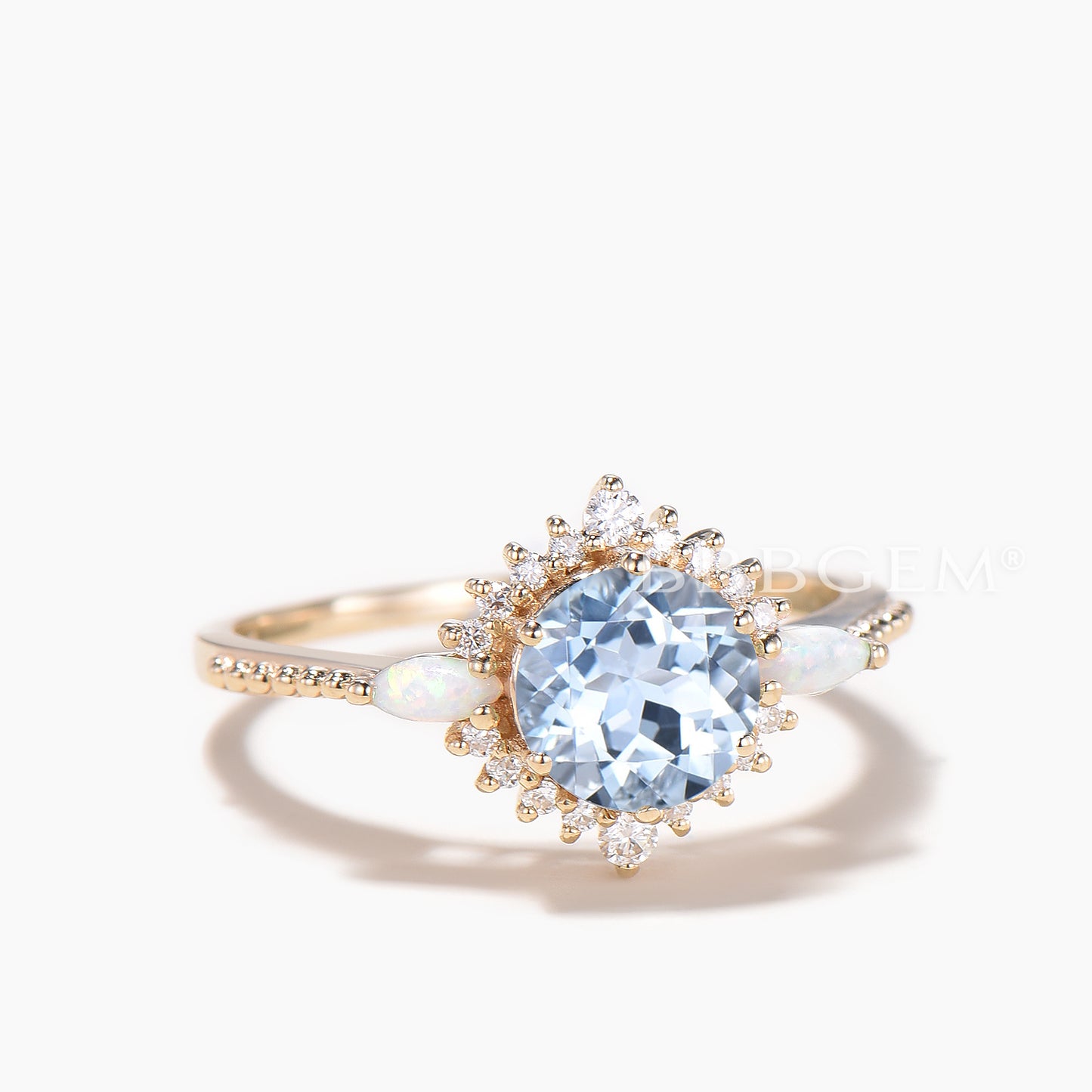 Round Cut Natural Aquamarine Wedding Ring Diamond Halo Opal Accent Ring
