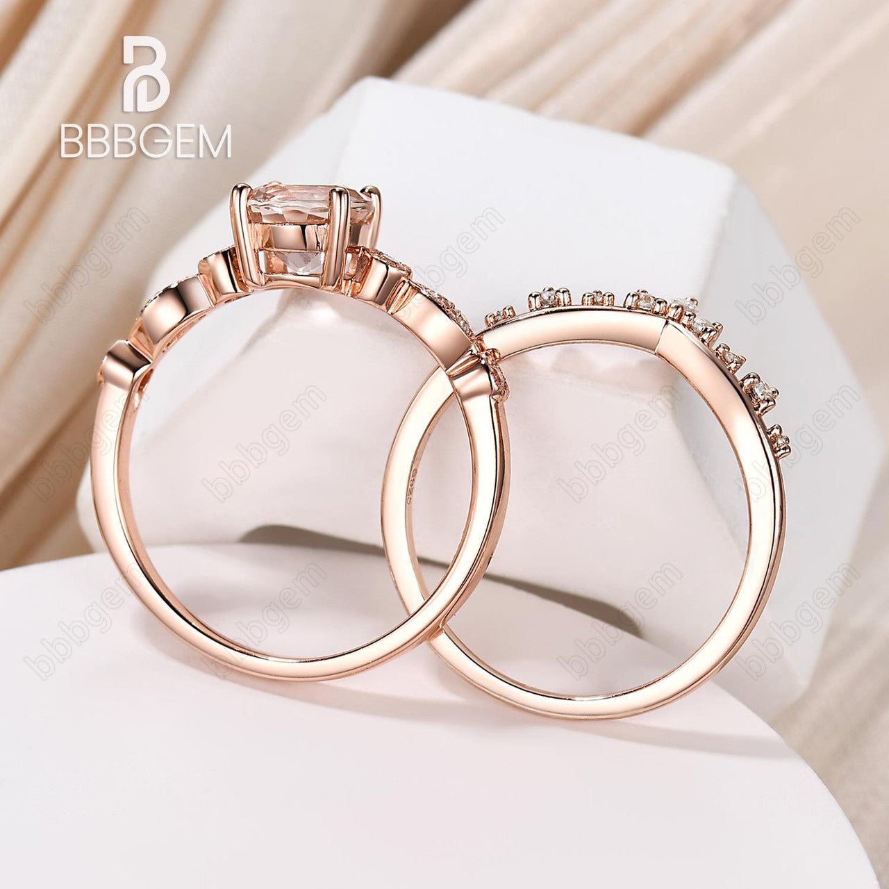 Natural Morganite Engagement Ring Set Art Deco Diamond Band 6.5mm Round Morganite Women Stacking Ring Unique Anniversary Bridal Ring