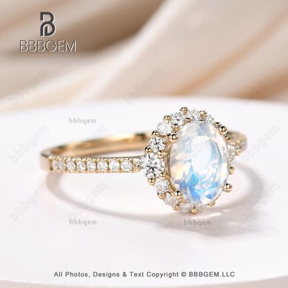 6X8mm Oval Moonstone Wedding Ring Moissanite Halo Moonstone 18K Yellow Gold Bridal Ring Women Christmas Gift