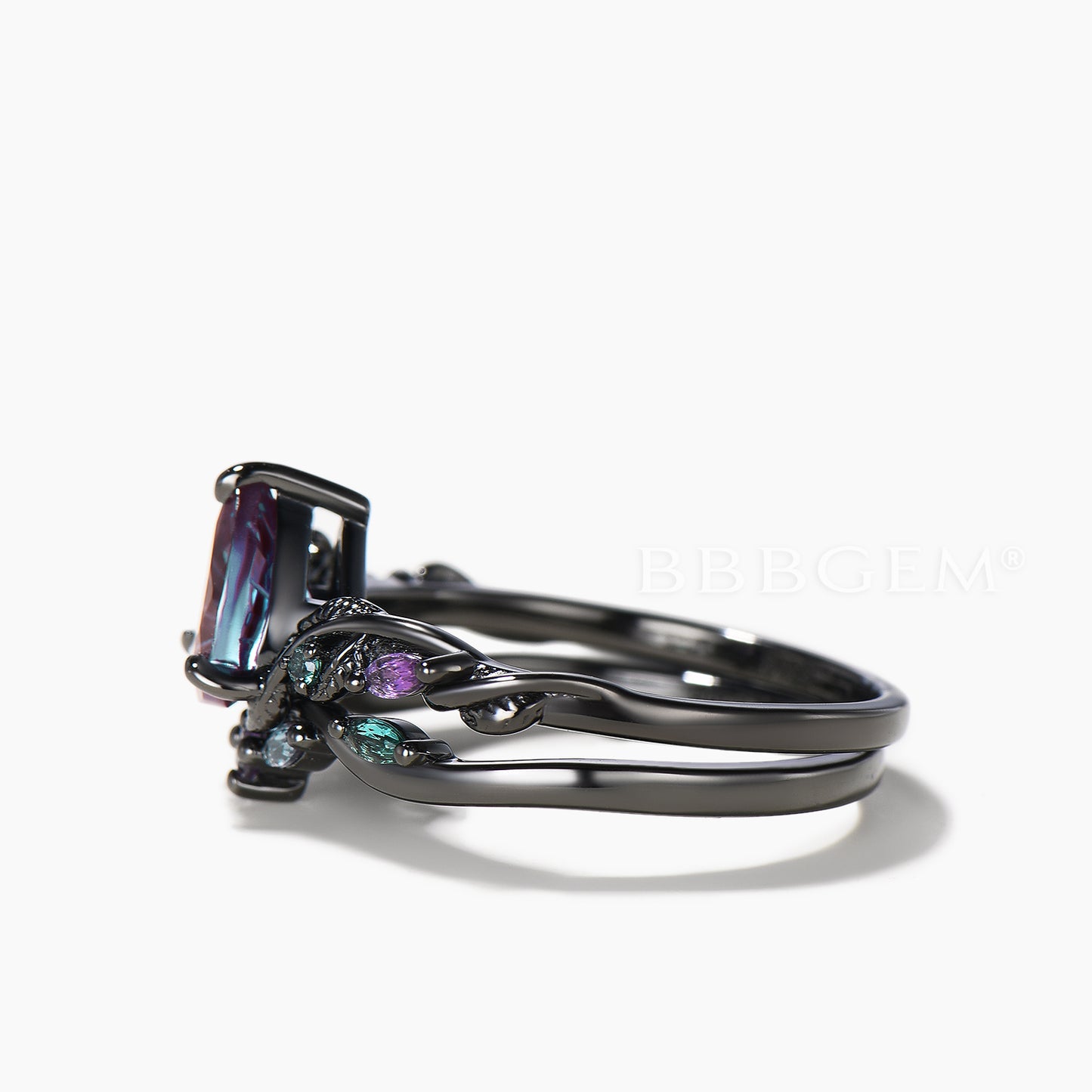 Black Gold Twig Inspired Ring Set Pear Cut Color-change Alexandrite Twisted Ring