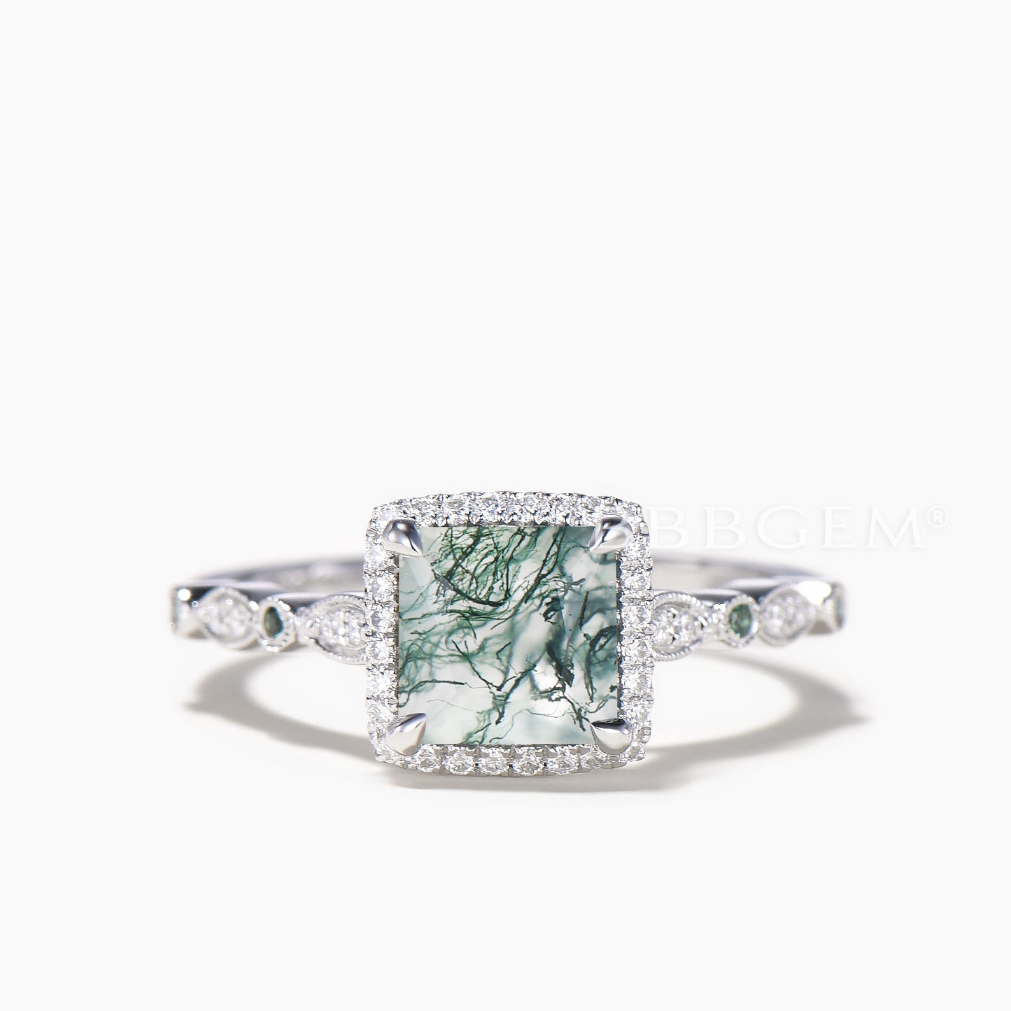 Princess Cut Natural Moss Agate Diamond Halo Ring Emerald Band Bridal Set